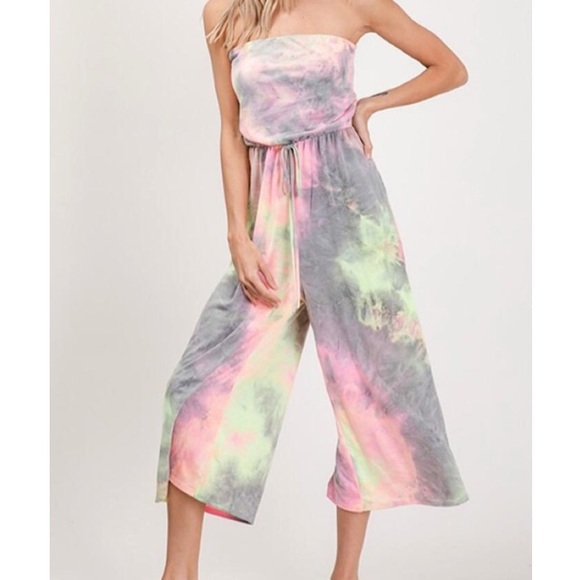 CY Fashion Pants - Rainbow Tie-Dye Strapless Jumpsuit